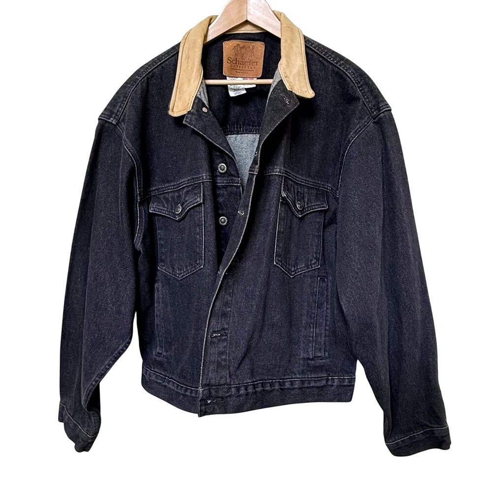 VTG Schaefer Outfitter Black Denim Trucker Jacket Mens XL Leather Collar USA